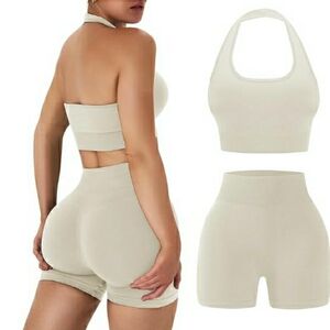 Workout Sets Women Backless Halter Sports Bra High Waist Shorts Gym Outfit Cream